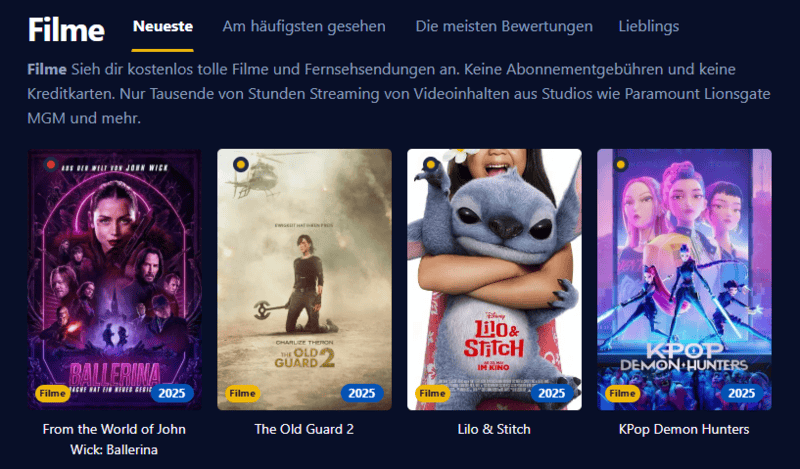 Screenshot der Benutzeroberflaeche von Einschalten die eine moderne Streaming Plattform mit Filmen und Serien anzeigt